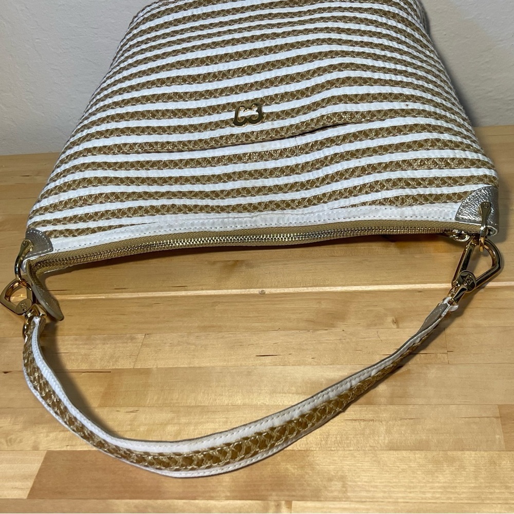 Eric Javits Straw Tan White Stripe Dame Bucket Bag - Picture 7 of 16